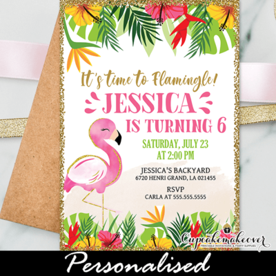 pink flamingo first birthday invitations tropical luau floral gold glitter
