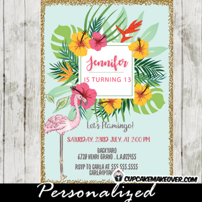 pink flamingo birthday invitations tropical luau floral gold glitter 1st 2nd first girls