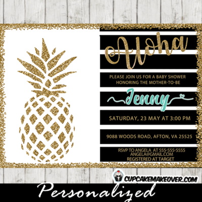 pineapple baby shower invitations gold glitter boys girls gender neutral tropical luau theme black and white striped