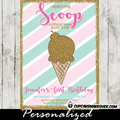 ice cream party invitations pink mint green girls gold glitter cone scoop first birthday