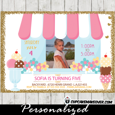 ice cream photo invitations girl birthday party pastel flowers social first second