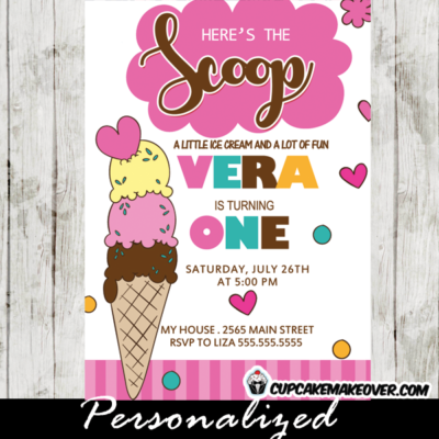 ice cream birthday invites pink girls scoop cone birthday invitations
