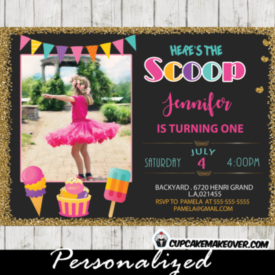 ice cream photo invitations girl birthday party rainbow bunting social first second any age