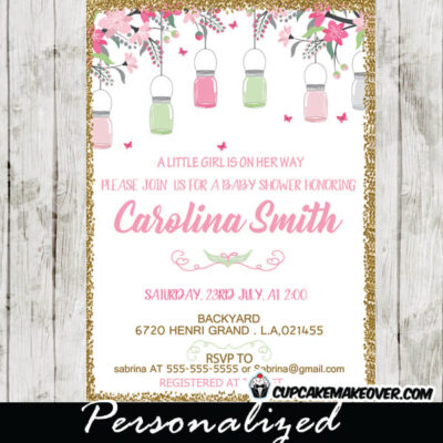mason jar baby shower invitations bridal gold glitter pink and mint green cherry blossom flowers
