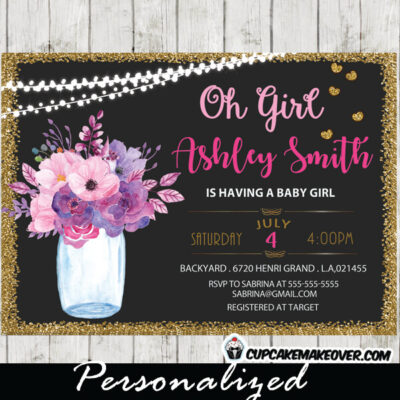 mason jar shower invitations baby shower bridal gold glitter string lights pink and purple flowers