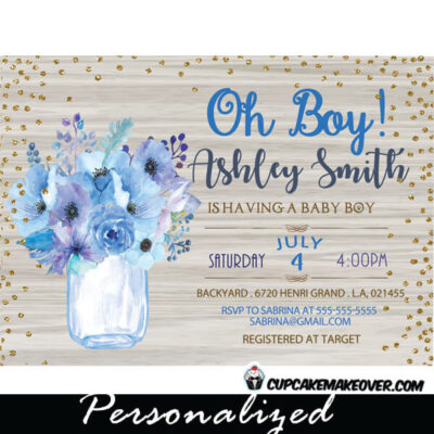 white wood blue purple floral mason jar shower invitations baby shower oh boy gold glitter