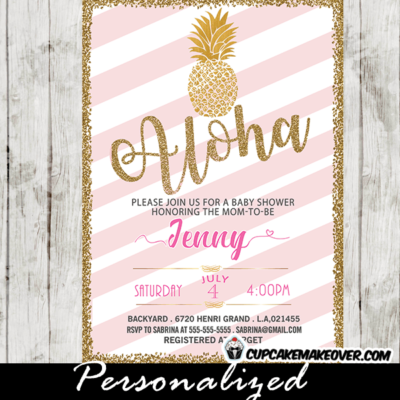 pineapple baby shower invitations gold glitter girls tropical luau pink and white striped