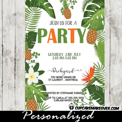 pineapple party invitations floral tropical green leaves orange white