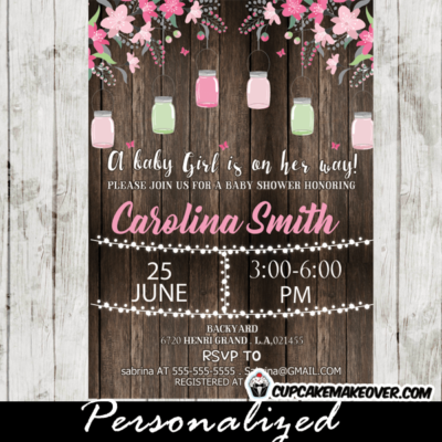 rustic wood mint pink floral blooming tree mason jar invitations template baby shower string lights