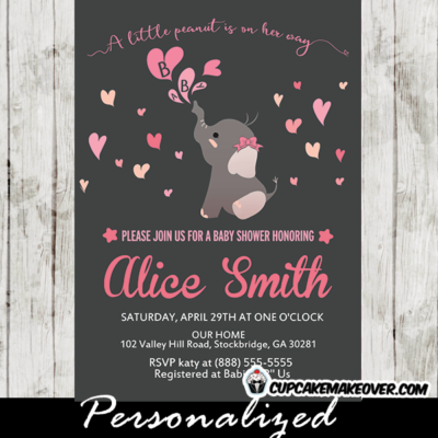 pink elephant invitations for baby shower girl heart bubbles
