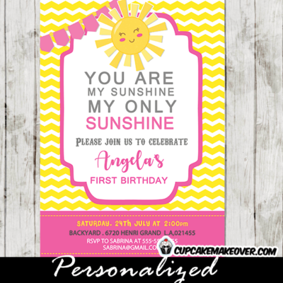 pink gray yellow you are my sunshine party theme girls 1st birthday invitations