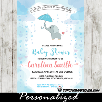 baby shower invitations elephant theme boy rain clouds hearts blue umbrella