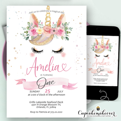 unicorn party invitations printable pink floral gold glitter diy girl