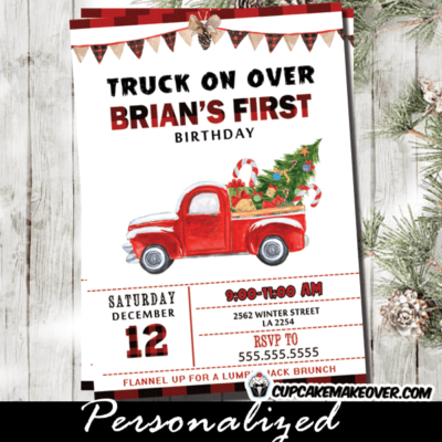 vintage red truck birthday invitations Christmas buffalo plaid first holiday party invites boy