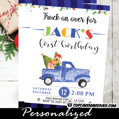 vintage blue truck birthday invitations Christmas buffalo plaid first holiday party invites boy