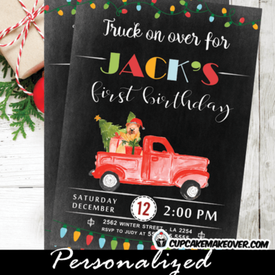 chalkboard vintage red truck birthday invitations Christmas buffalo plaid first holiday party invites boy