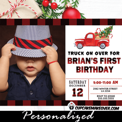 buffalo plaid vintage red pickup truck photo birthday invitations holiday Christmas boy winter first invite