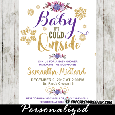 purple violet baby i's cold outside winter wonderland baby shower invitations girl gold snowflakes