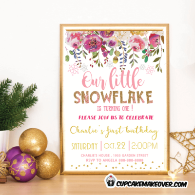 pink snowflake birthday invitations floral gold girl modern invites