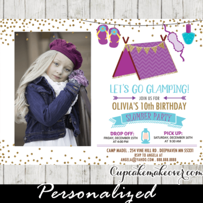 sleepover birthday invites gold purple teal photo slumber party invitations pajama girls kids ideas