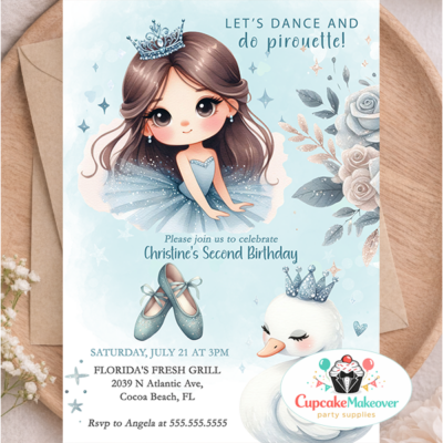 Ballerina Birthday Party Swan Princess Theme Party Blue Ballet / Dance Birthday Floral Girl Birthday Invite Editable Birthday Invitation Template