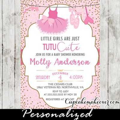 tutu baby shower invitations pink and gold glitter girl ballerina printable