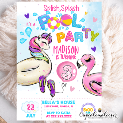Splish Splash Unicorn Pool Party Invitations Girls