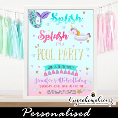 magical splish splash mermaid unicorn pool party invitations girls summer cute
