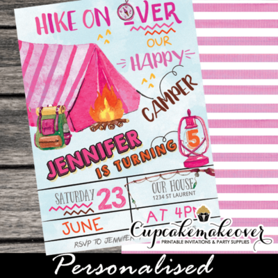 backyard campout camping party invites pink tent camp birthday invitations girls