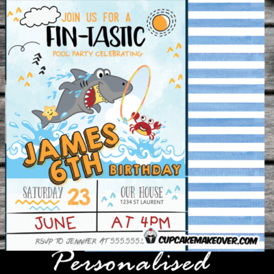 fintastic shark birthday party invitation cute fun pool doodles