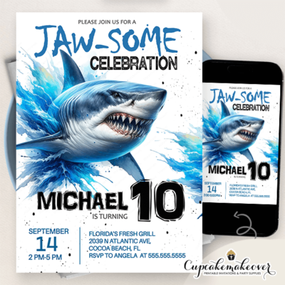 clear blue water shark infested party invites summer invitations boy