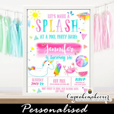 splash unicorn pool party invitations girls pink swimming pool water bash fun tropical summer magic