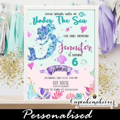 mermaid birthday invitations under the sea theme pink turquoise purple ocean sea shell