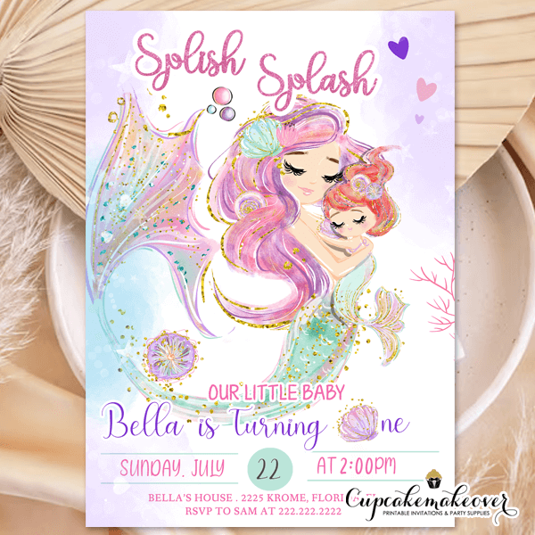 Mermaid First Birthday Invitations, Purple Pink Turquoise Gold