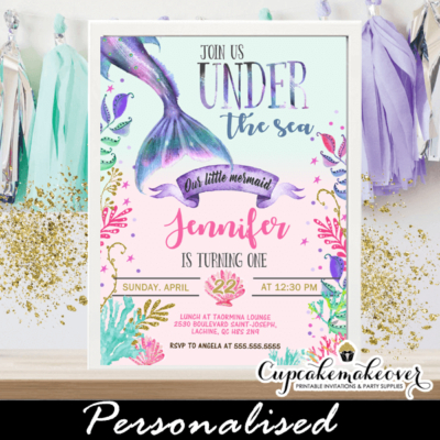 mermaid first birthday invitations under the sea party invite pink purple turquoise gold toddler