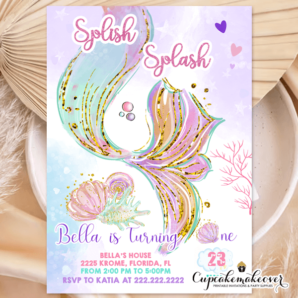 Mermaid Tail Birthday Invitations, Ombre Watercolor Pastel under the sea