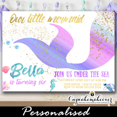 mermaid tail birthday party invitations watercolor gold pastel ocean
