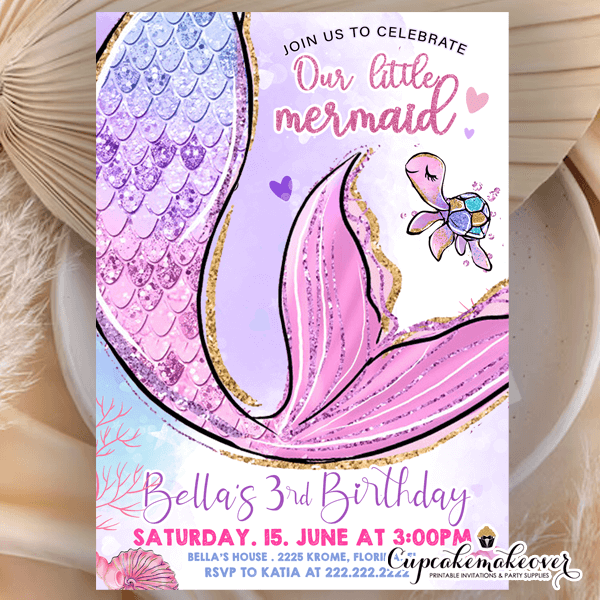 Pink Ombre Under The Sea Mermaid Tail Invitations girl birthday theme