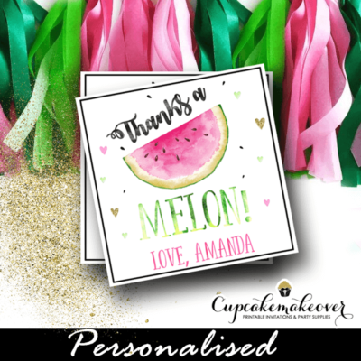 custom thanks a melon watermelon thank you tags square labels hearts pink gold green