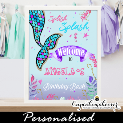 scalloped tail mermaid party signs under the sea theme pink turquoise purple ocean sea shell welcome