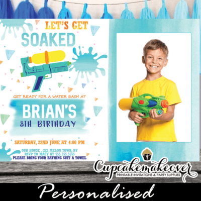 watercolor blue water gun birthday party invitations with photo boys summer invites fun