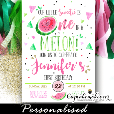 watermelon first birthday invitations one in a melon invites watercolor green pink
