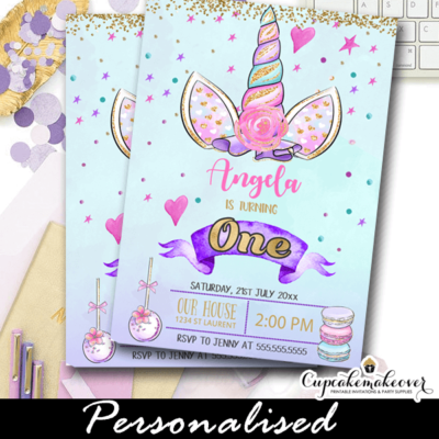 enchanted unicorn party invitations diy birthday pastel watercolor gold glitter girls