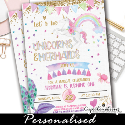 mermaid and unicorn invitations rainbow bunting gold glitter pasterl watercolor birthday party ideas diy girls