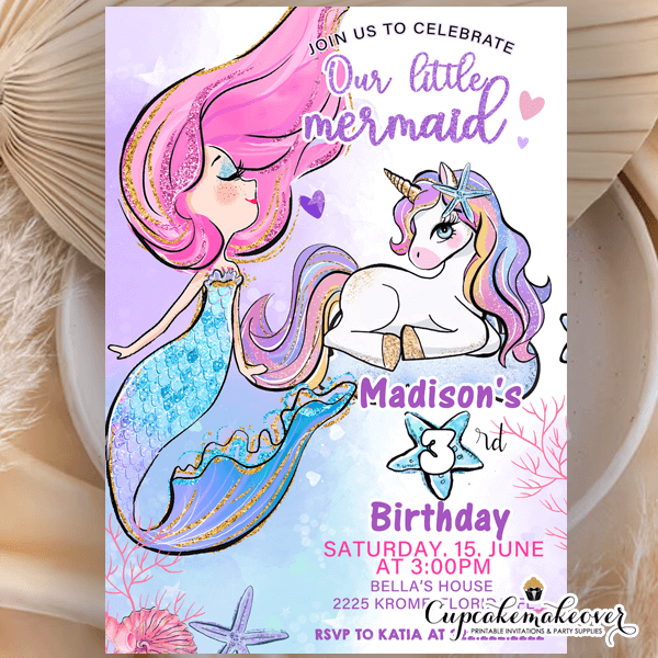 Mermaid and Unicorn Invitations, Pastel purple Pink teal girl birthday theme
