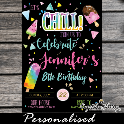 lets chill popsicle party invitations summer ice cream birthday theme rainbow black girls neon colors