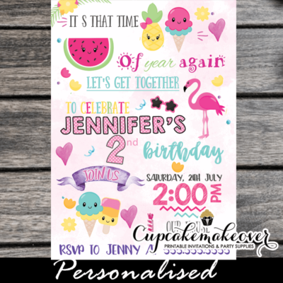printable fun summer fruit flamingo birthday invitations girls ice cream party ideas