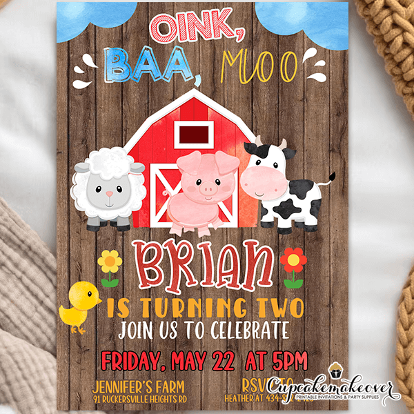 Barn Wood Farm Animals Birthday Invitations, Barnyard Party -  Cupcakemakeover