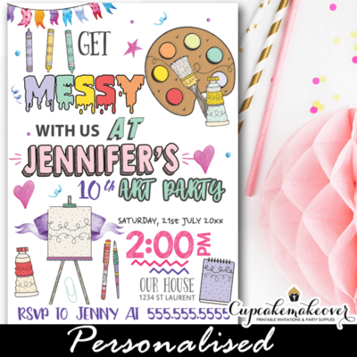 painting birthday invitations arty party doodles easel brush color palette