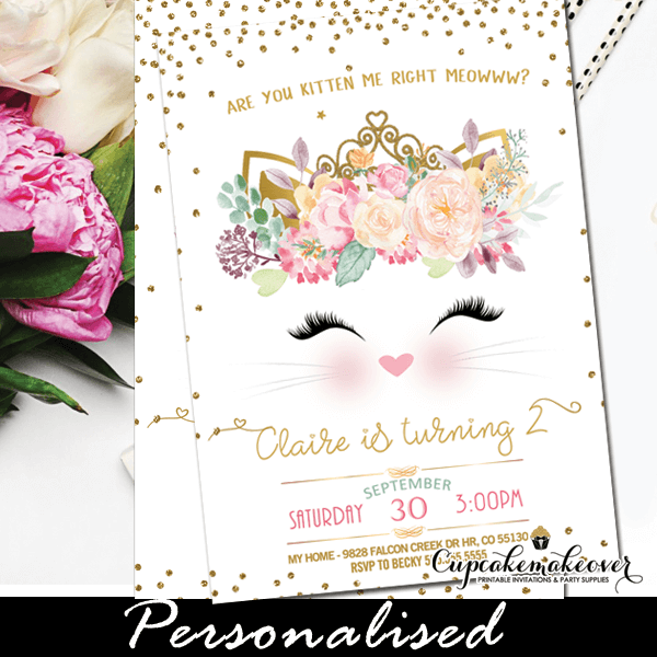 Cat Birthday Invitations, Gold Floral Kitty Party ...